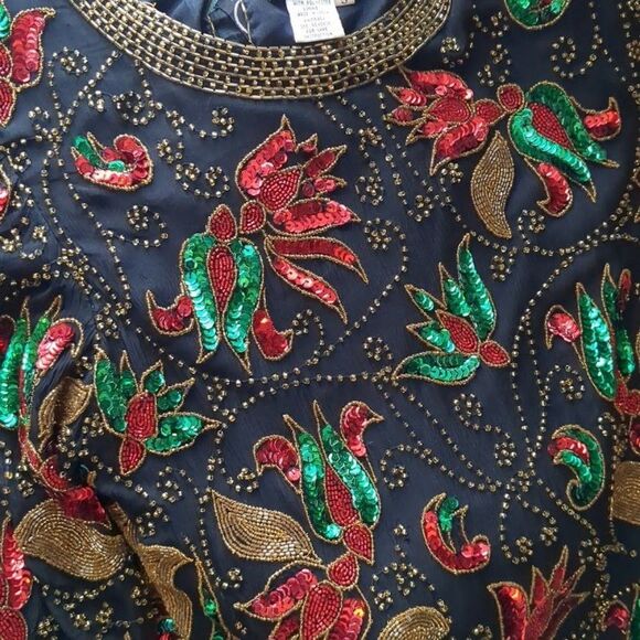 Vintage 1980s Joan Leslie Evenings Silk Beaded Top Floral Gold Christmas Size S - Picture 9 of 12